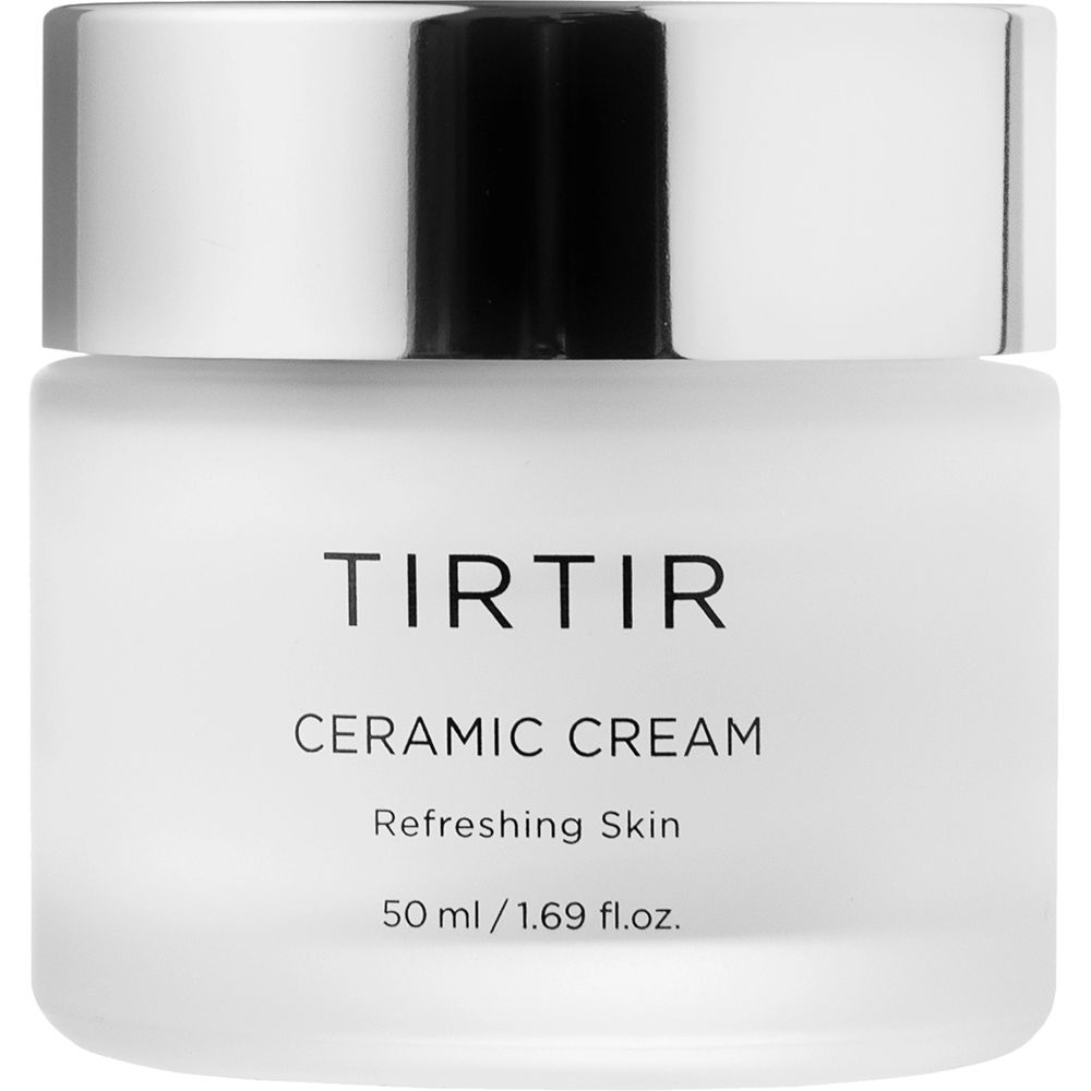 Witte pot Tir Tir Ceramic Cream met zilveren deksel. Opschrift: Ceramic Cream, Refreshing Skin, 50 ml.