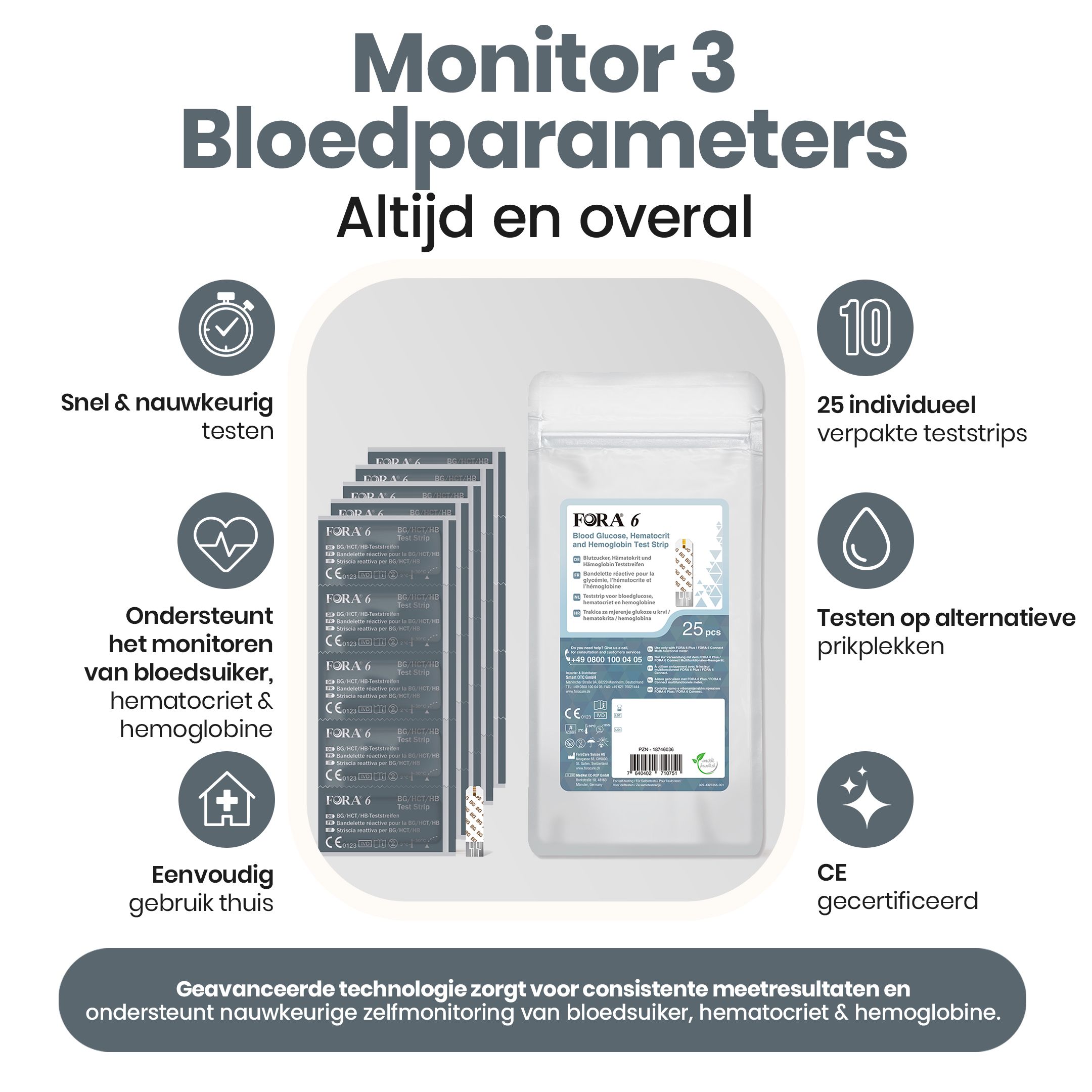 Productafbeelding met tekst en pictogrammen. FORA 6 teststrips, 25 individueel verpakte strips. CE-markering.