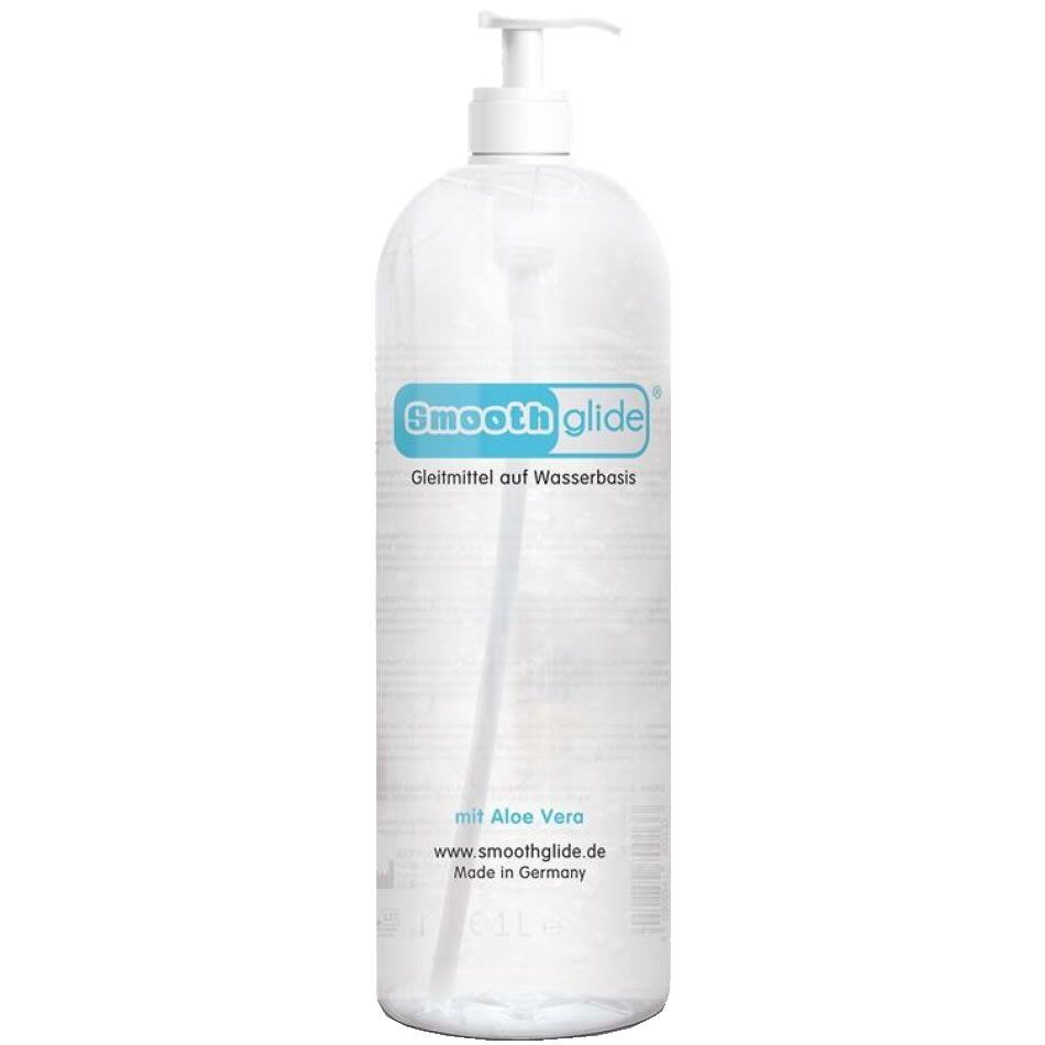 Flacon transparent avec pompe. Inscription "Smoothglide". Texte : Lubrifiant à base d'eau, avec Aloe Vera. Fabriqué en Allemagne.