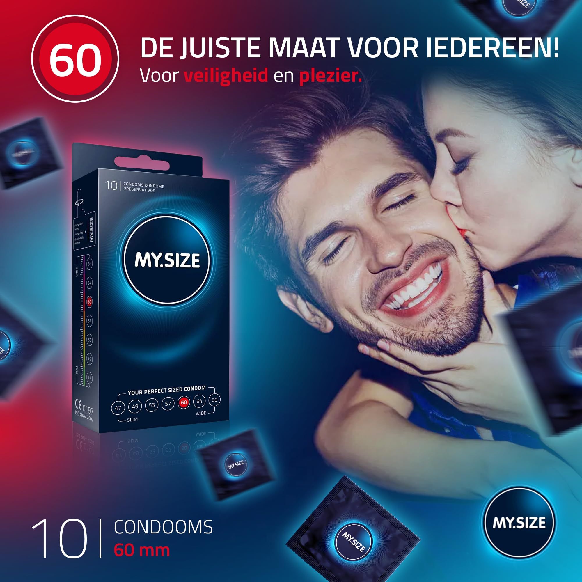 Verpakking met 10 MY.SIZE 60 condooms. Toont maattabel en CE-keurmerk.