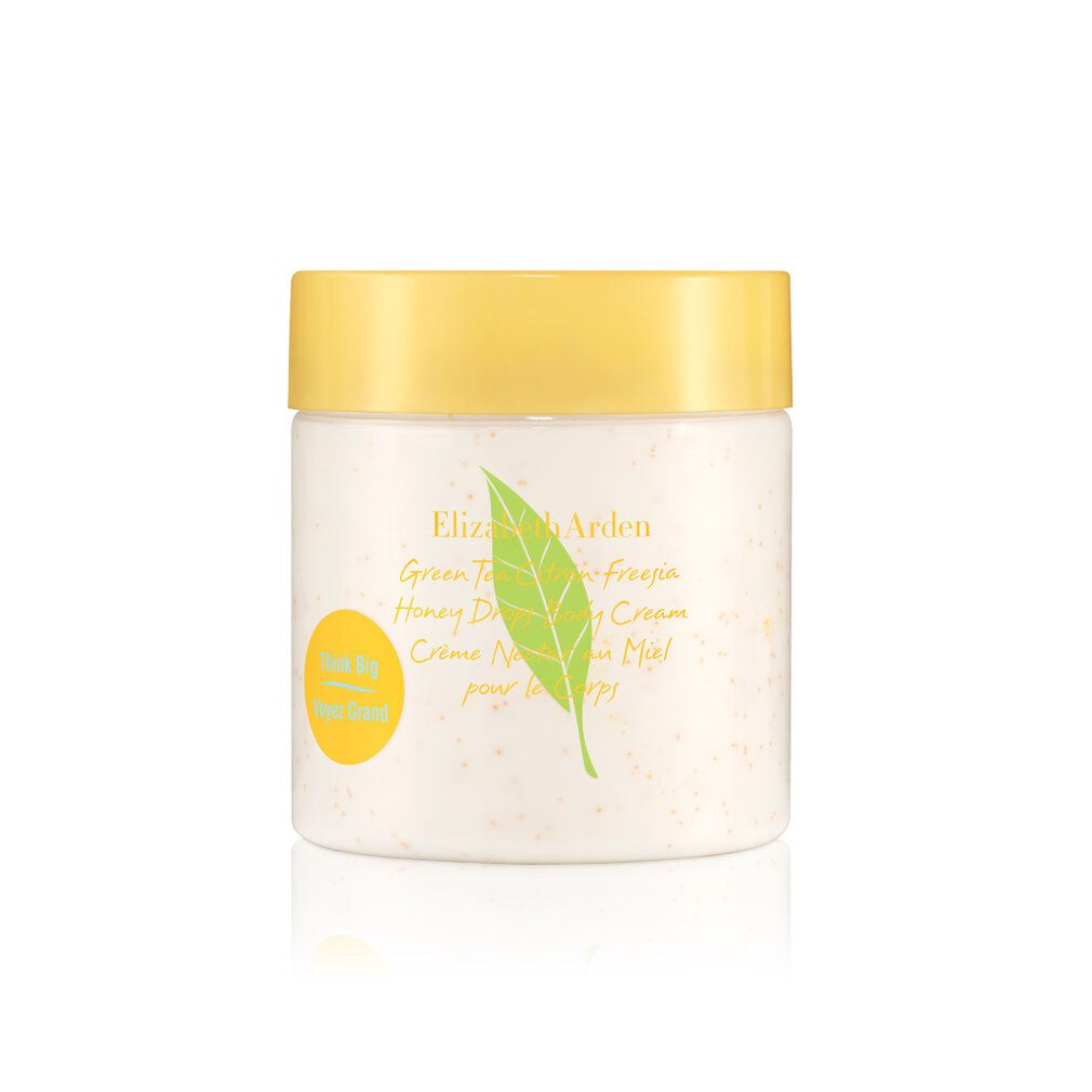 Pot met gele deksel. Opschrift: Elizabeth Arden, Green Tea Honey Drops, Crème Nourrissante. Groen blad-logo.