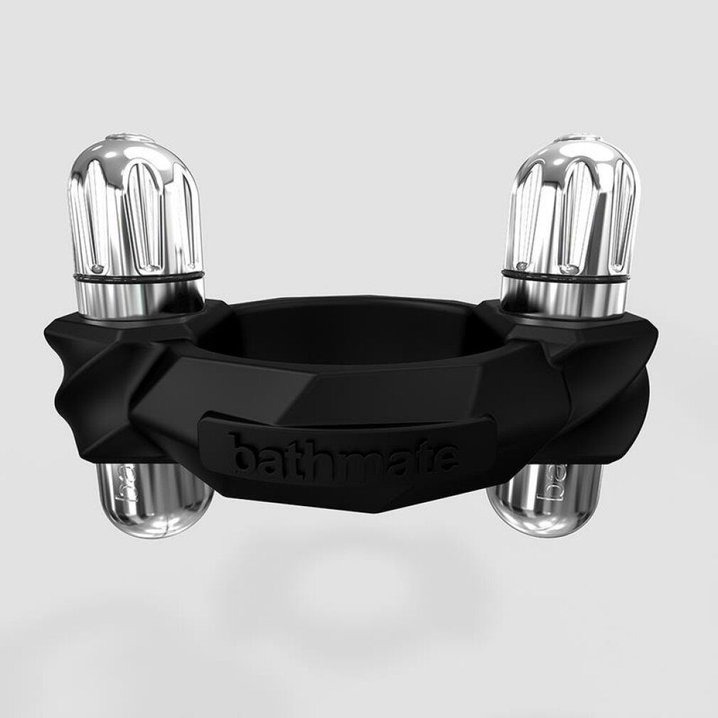 Zwart apparaat met twee zilveren opzetstukken. Tekst "bathmate" zichtbaar.