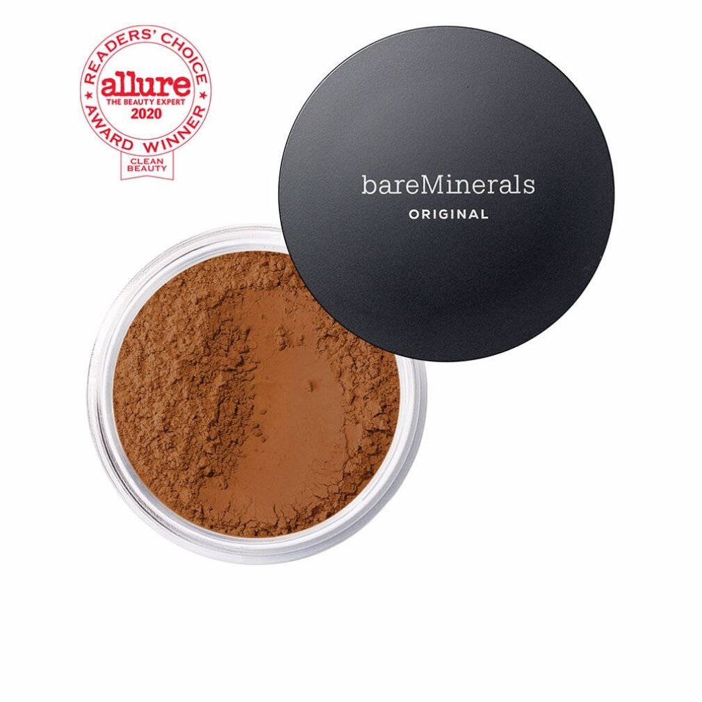 Pot rond de poudre brune. Couvercle noir avec texte "bareMinerals ORIGINAL". Label "Allure Best of Beauty".