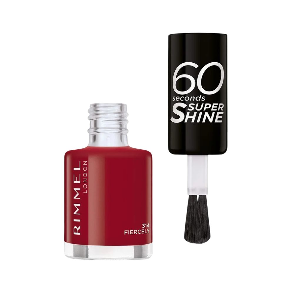 Rode nagellakfles, open, met borstel. Zwarte dop met witte tekst: 60 seconds Super Shine. Rimmel London.