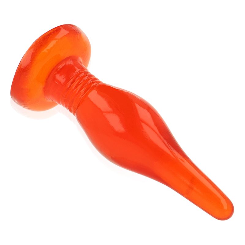 Plug anal orange avec un col côtelé et une base large et plate.