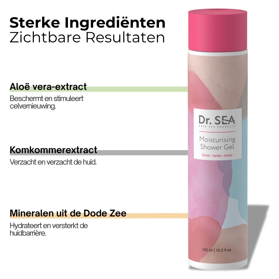 Douchegelfles met ingrediënten. Tekst: Dr. SEA, Moisturising Shower Gel. Ingrediënten: Aloë vera, komkommer, mineralen.