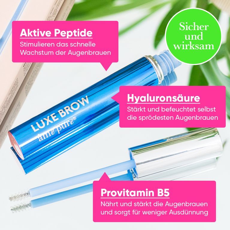 Blauwe flacon met wenkbrauwserum en applicator. Opschrift: Luxe Brow.