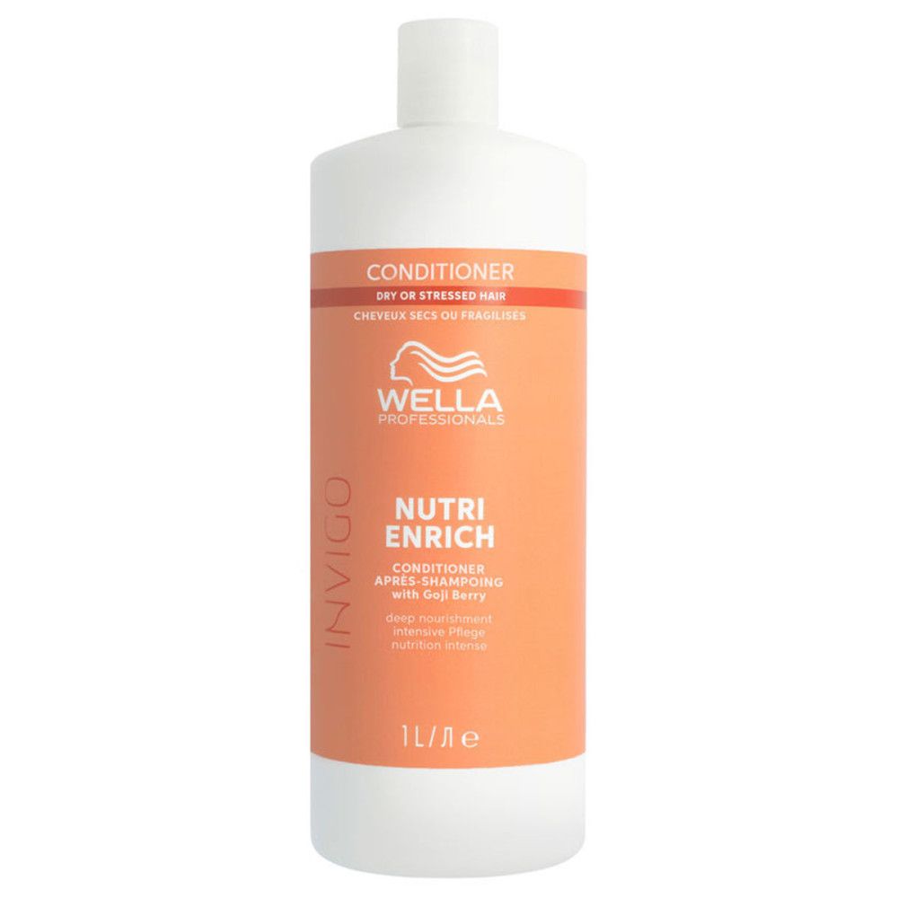 Witte fles met oranje etiket. Opschrift: Wella Invigo Nutri Enrich Conditioner. 1L.