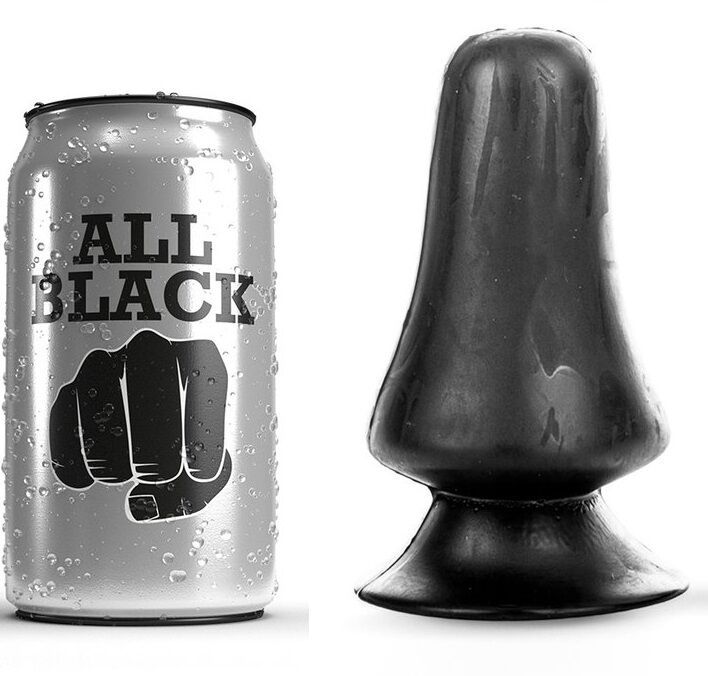 Plug anal noir à côté d'une canette marquée 'ALL BLACK'.