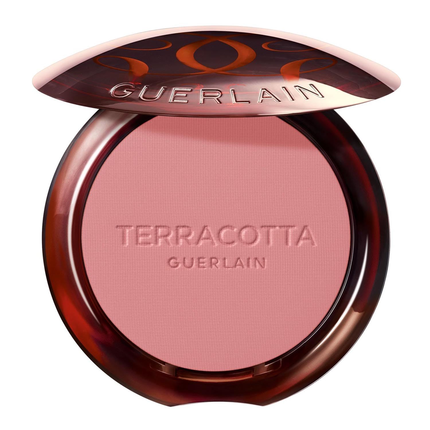 Ronde blush compact poeder. Deksel met merklogo. "TERRACOTTA" en "GUERLAIN" staan op de poeder.