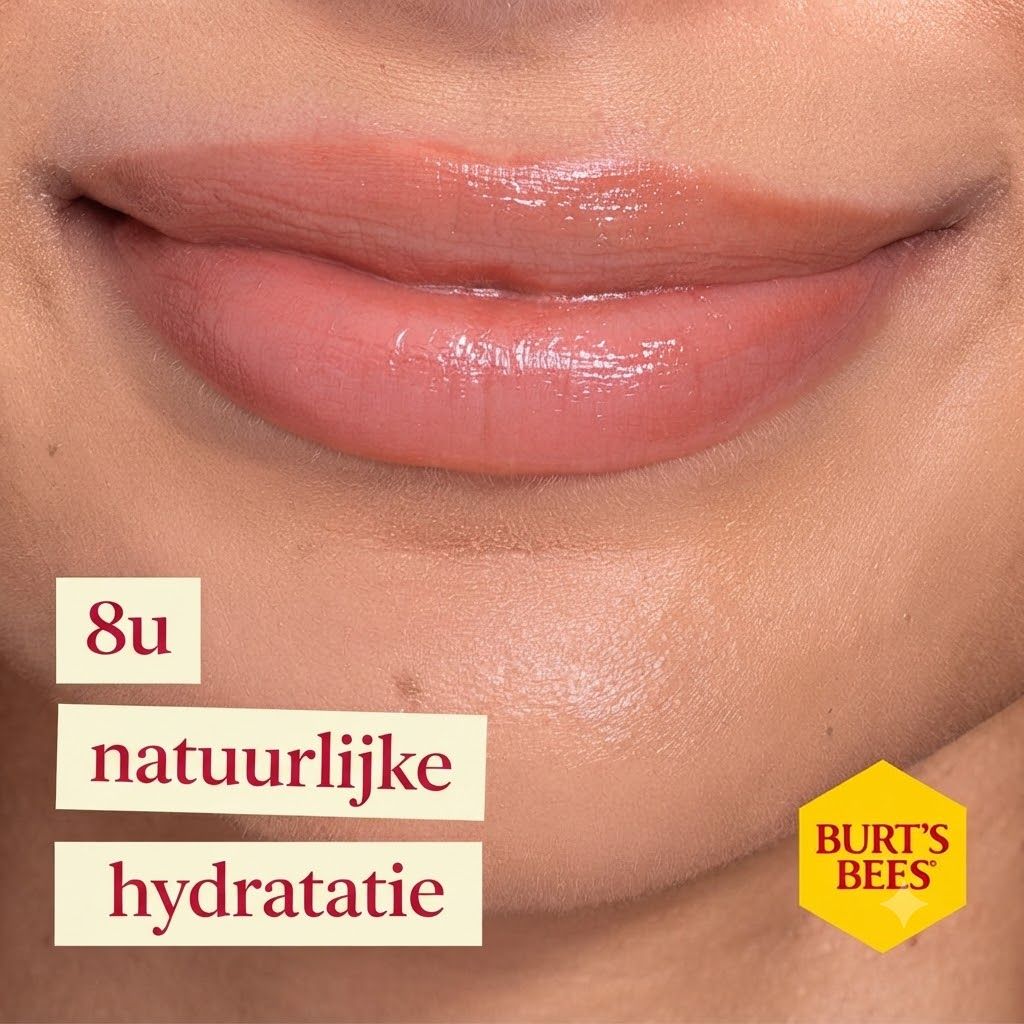 Lippen met glanzende, roze lippenbalsem. Burt's Bees logo zichtbaar.