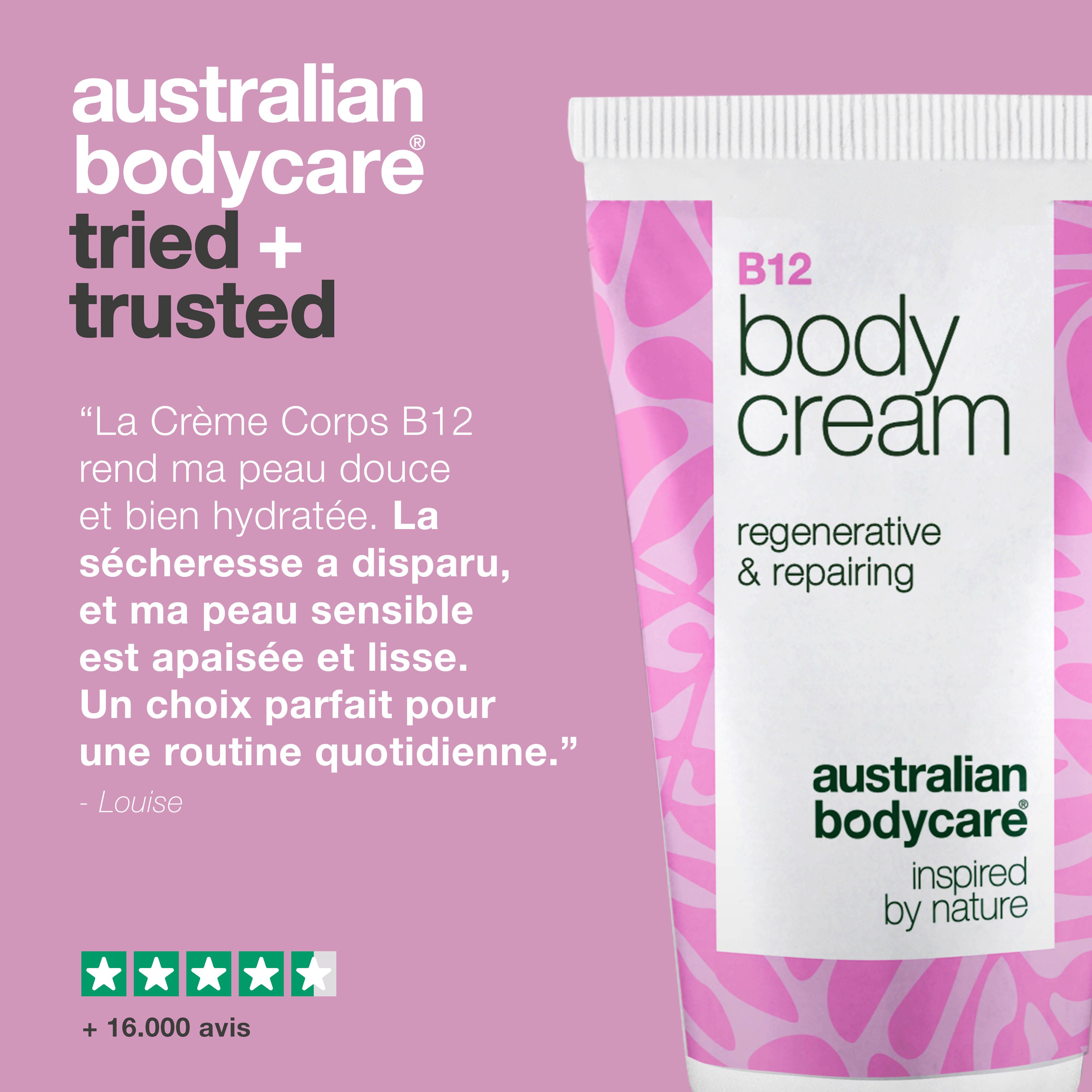 Tube de crème. Texte : B12 Body Cream, régénérant & réparateur, Australian Bodycare. Citations et évaluation par étoiles.