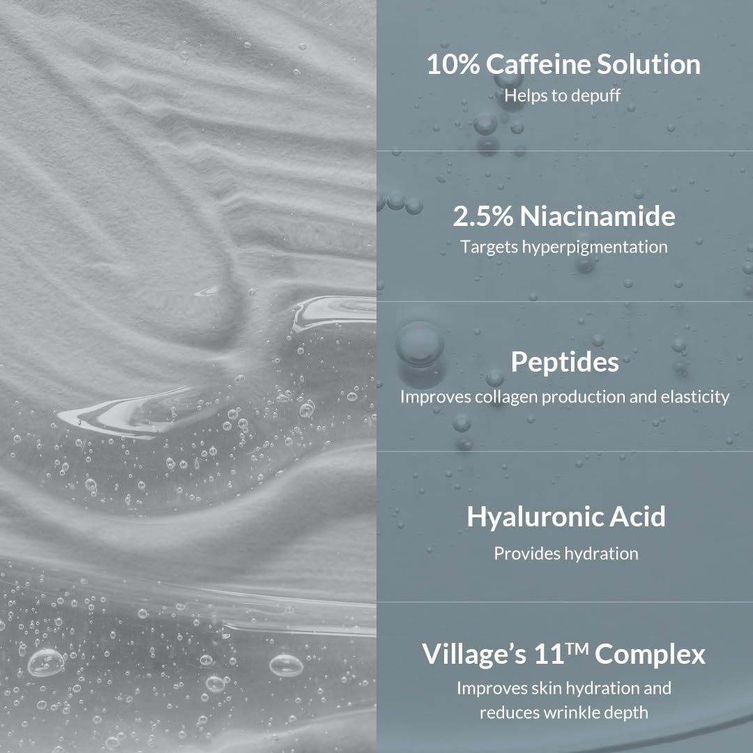 Gros plan de gouttes de liquide. Texte : 10% de solution de caféine, 2,5% de niacinamide, peptides, acide hyaluronique, Village's 11th Complex.