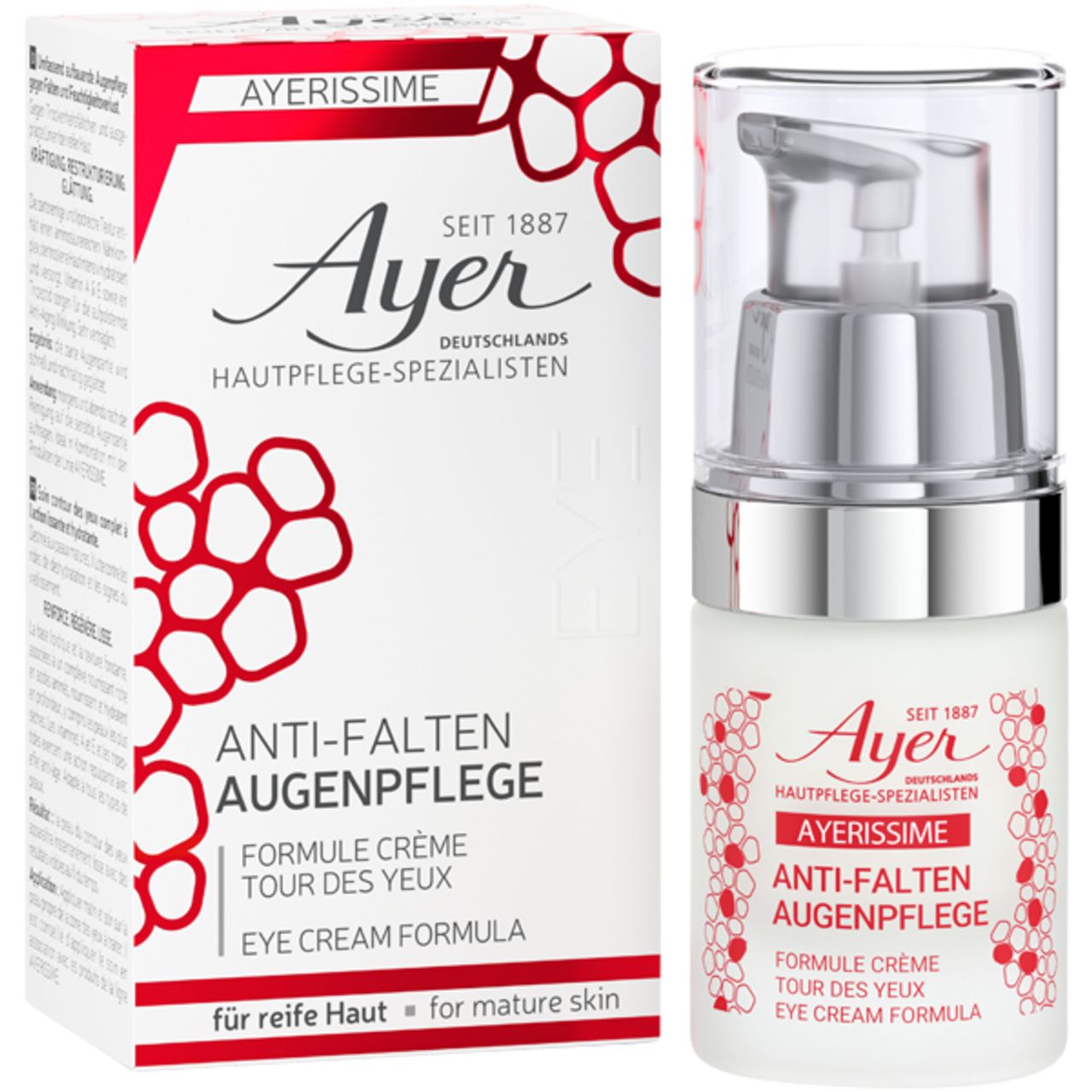 Ayer oogcrème met dispenser en verpakking. Opschrift: Anti-Falten Augenpflege, Eye Cream Formula. Voor de rijpere huid.
