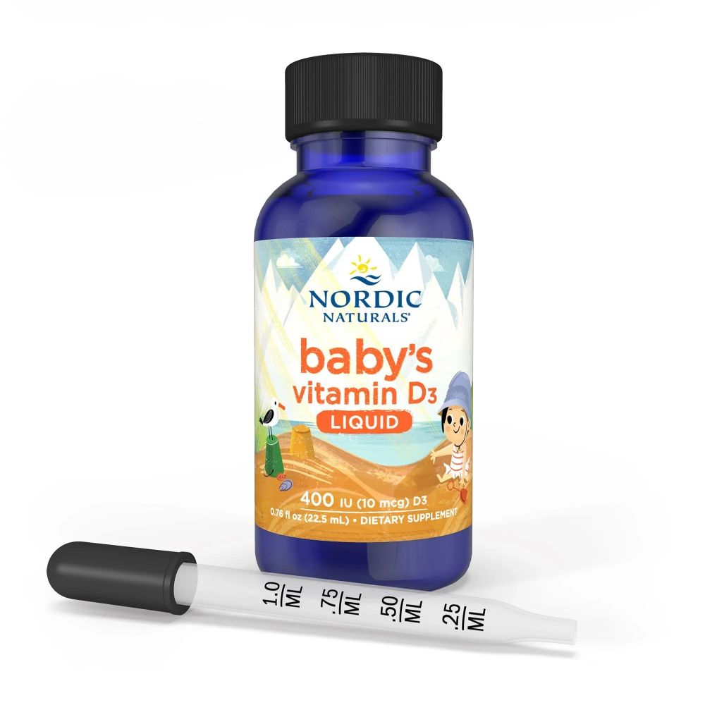 NORDIC NATURALS Baby Vitamine D3 Liquid in een blauwe glazen fles met druppelpipet. 400 IE.