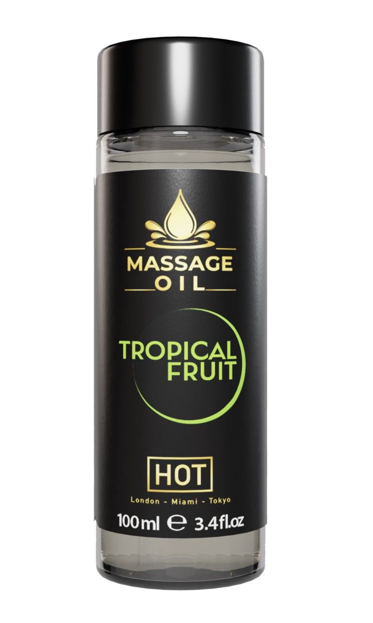 Huile de massage Tropical Fruit, 100ml, dans une bouteille transparente avec bouchon noir et étiquette noire.