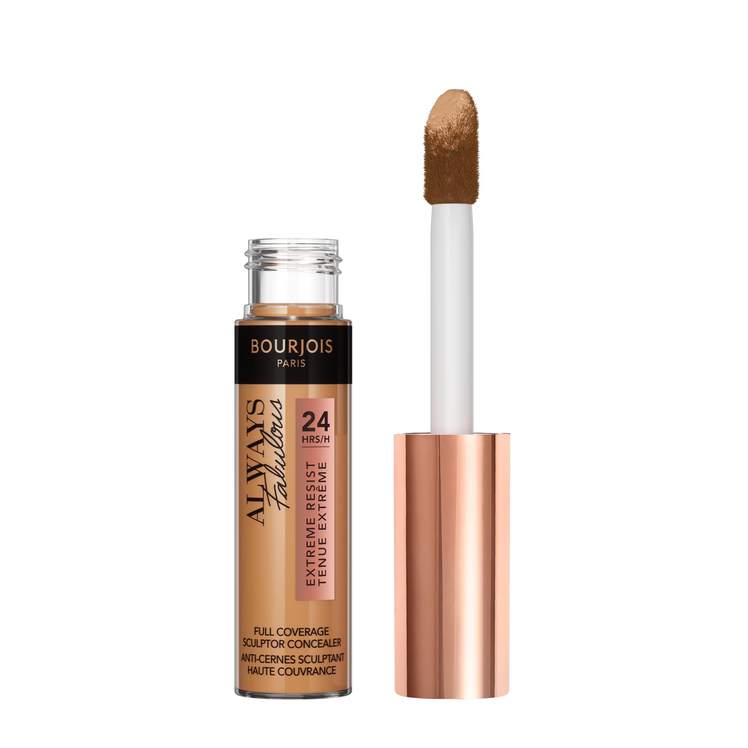 Flacon de correcteur avec applicateur. Teinte beige doré. Marque Bourjois. Texte : Always Fabulous, 24H, Extreme Resist.