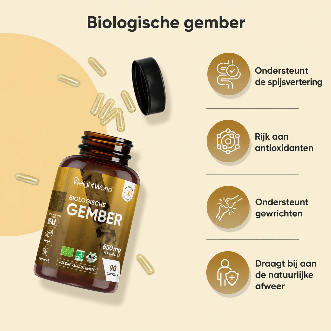 Voedingswaardetabel WeightWorld Biologische Gember Capsules. GMP-gecertificeerd, glutenvrij.