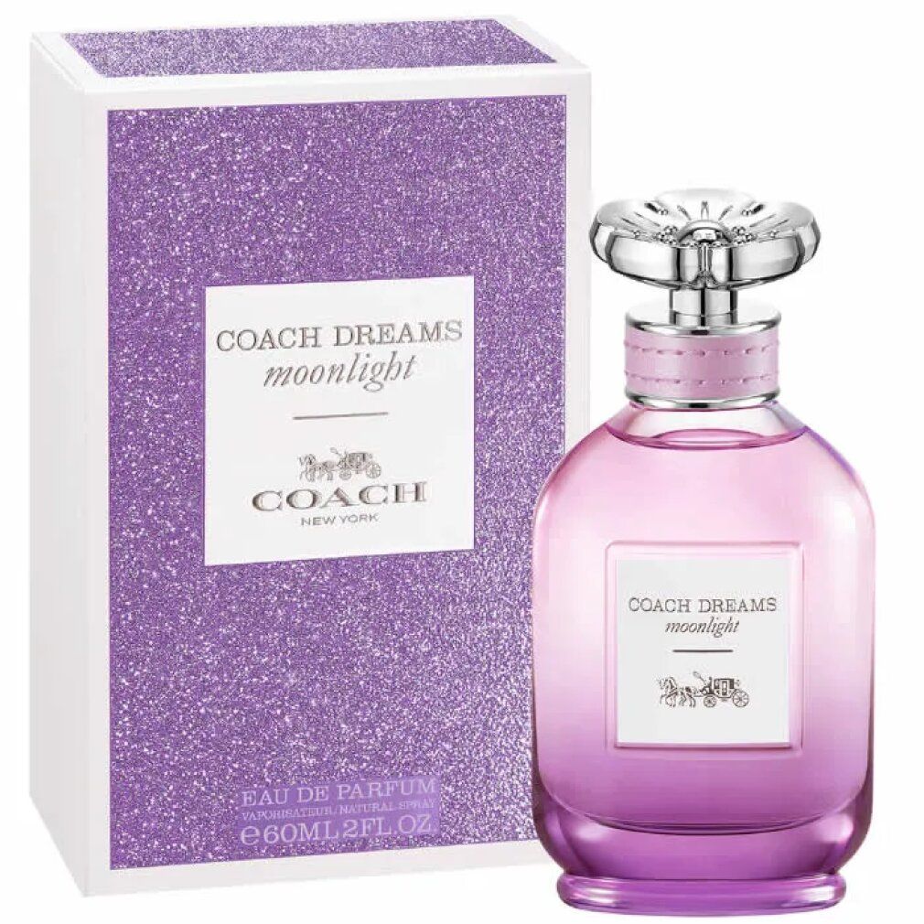 Parfumfles en doos. Fles roze-paars, zilveren dop. Paarse glitterdoos. Tekst: Coach Dreams Moonlight.