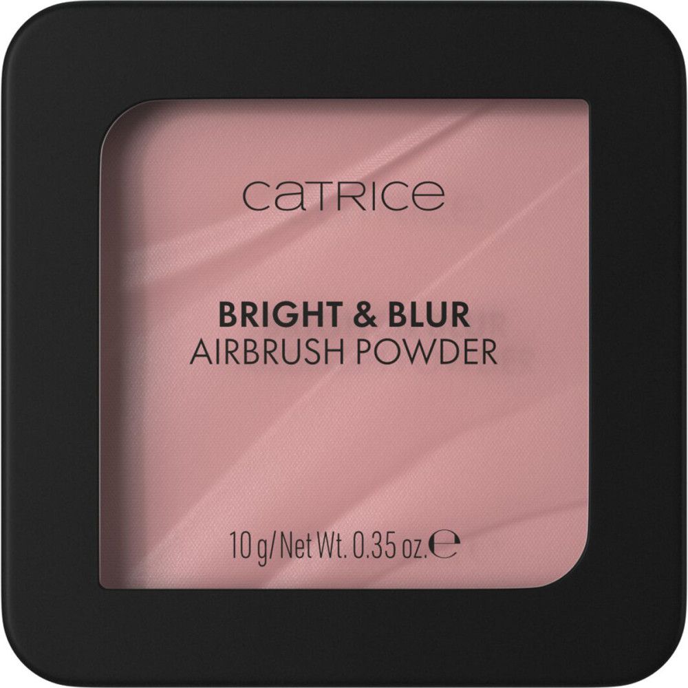 Poudre compacte rose dans un boîtier noir. Inscriptions: Catrice, Bright & Blur Airbrush Powder, poids.