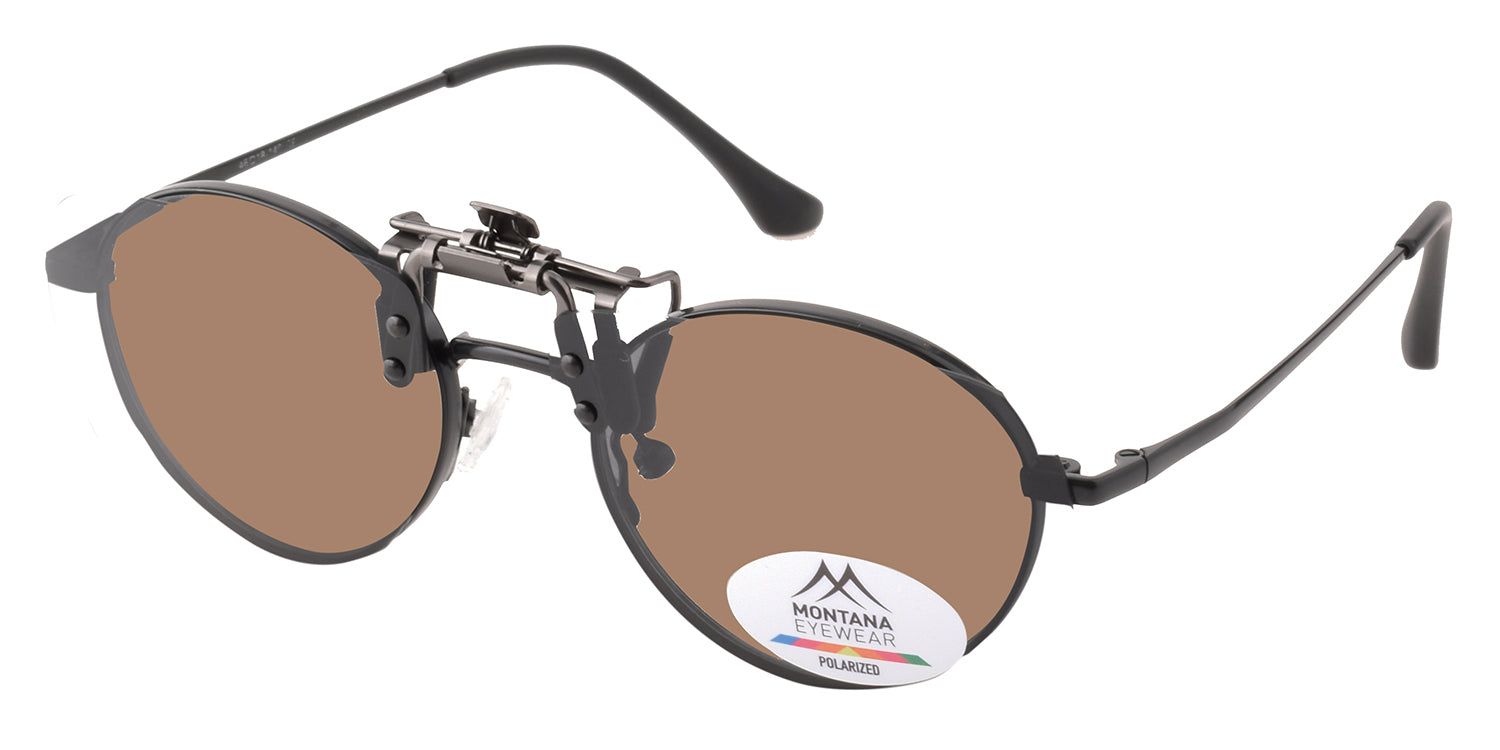 Lunettes de soleil avec verres bruns et monture noire. Le logo Montana Eyewear et l'inscription POLARIZED sont visibles sur un verre.