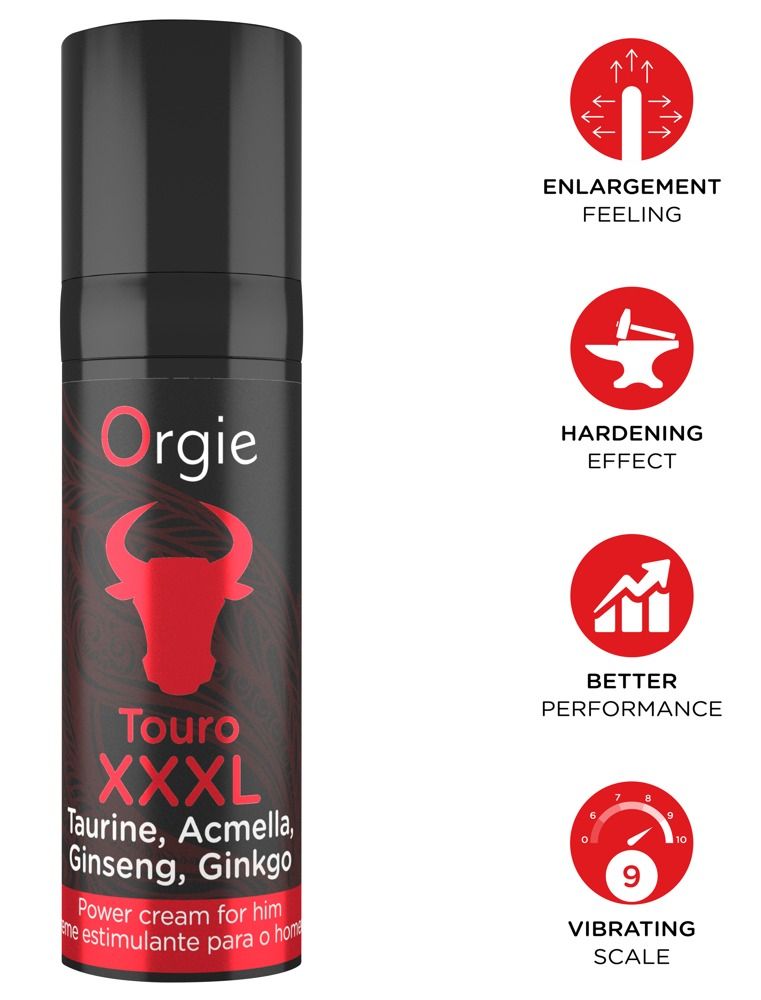 Flacon: Orgie Touro XXL Power Cream. Tête de taureau rouge, texte: Taurine, Acmella, Ginseng, Ginkgo. Symboles: Agrandissement, dureté, meilleure performance, échelle vibrante.