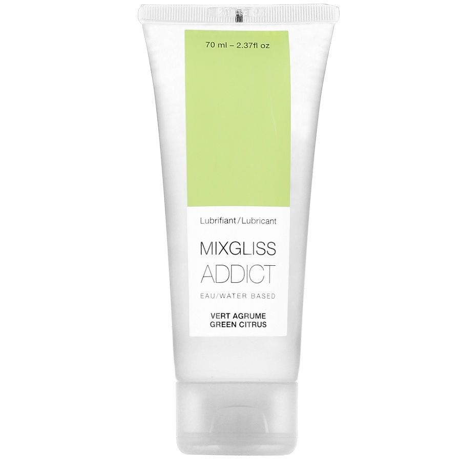 Tube avec étiquette verte, Mixgliss Addict, lubrifiant à base d'eau, parfum agrume.