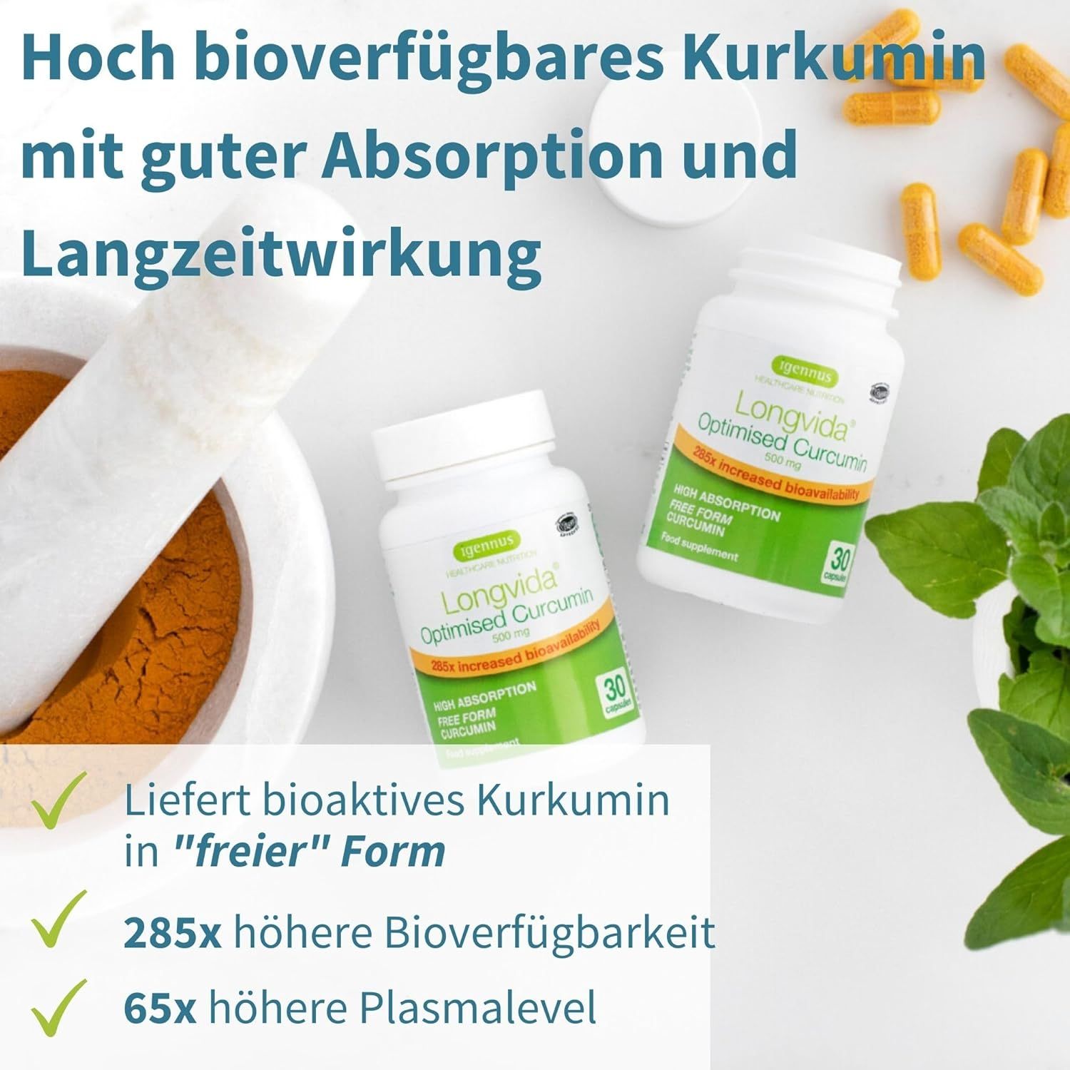 Twee flessen Igennus Longvida Curcumin, vijzel met kurkuma, capsules en plant.