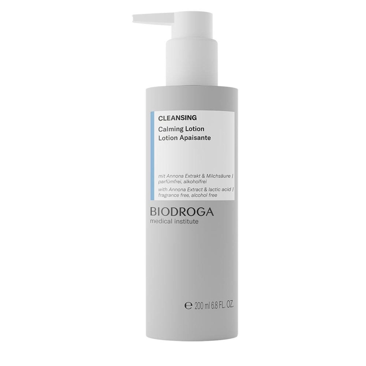 Grijze fles met pomp. Opschrift: CLEANSING Calming Lotion. Merk: BIODROGA medical institute. Inhoud: 200 ml.