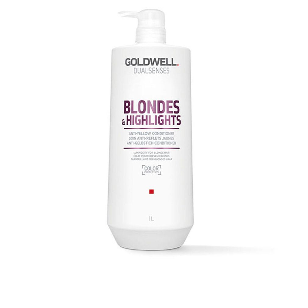 Goldwell Dual Senses Conditioner. Witte fles met pomp. Opschrift: Blondes & Highlights, Anti-geel conditioner. 1L.