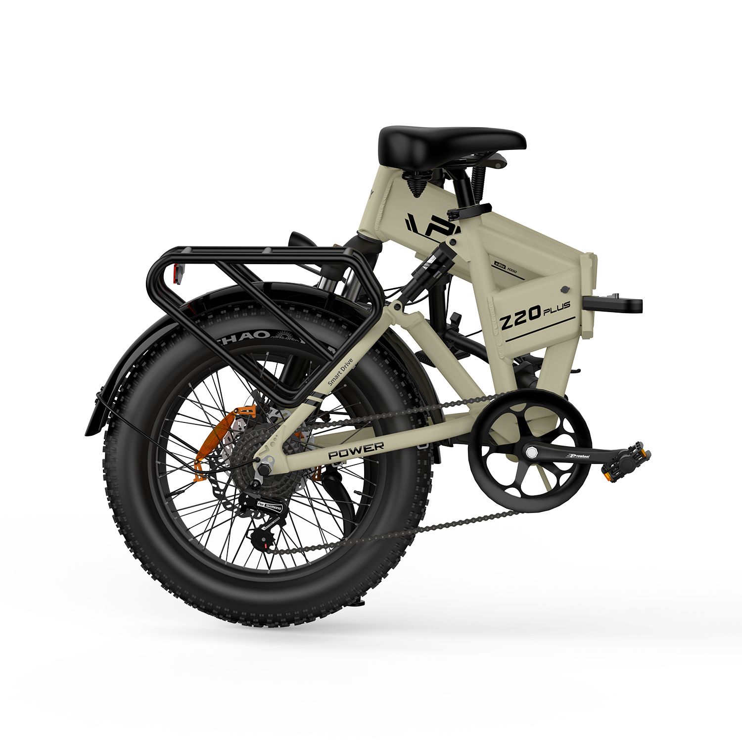 Beige elektrische fiets met zwarte banden en bagagedrager. PVY Z20 Plus is zichtbaar op het frame.