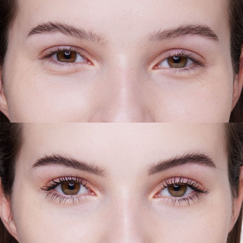 Comparaison avant-après de la zone des yeux d'une femme, montrant l'effet du mascara.