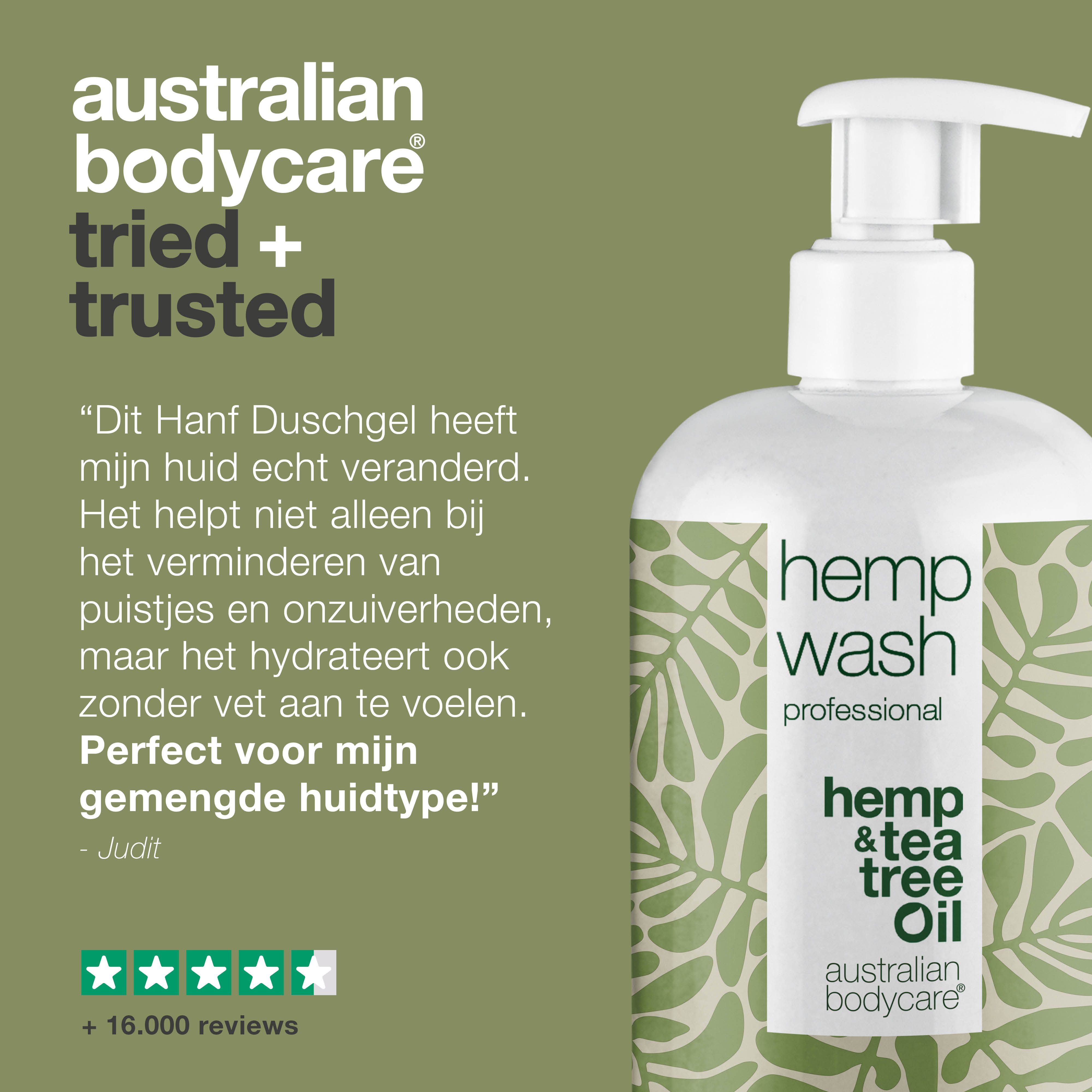 Product met tekst: Ik heb de hennep douchegel geprobeerd en het heeft mijn droge huid gekalmeerd. Een geweldig product!