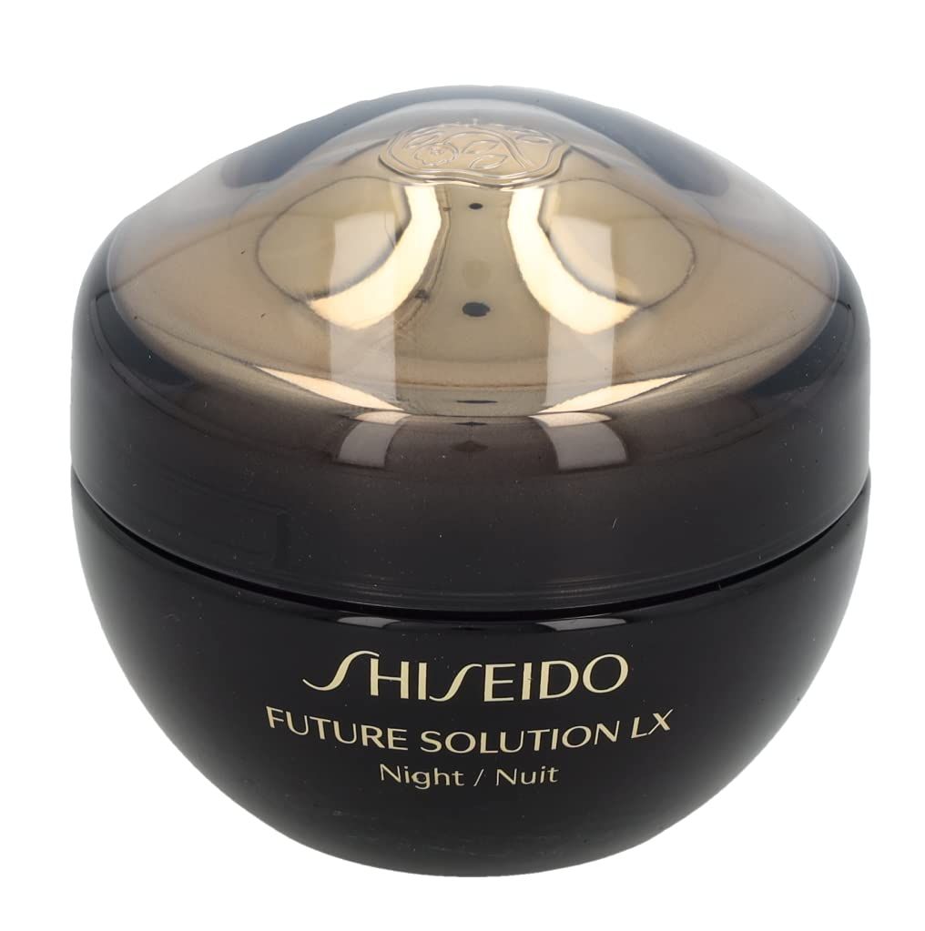 Donkere, ronde crèmepot met gouden deksel. Opschrift: SHISEIDO, FUTURE SOLUTION LX, Night / Nuit.