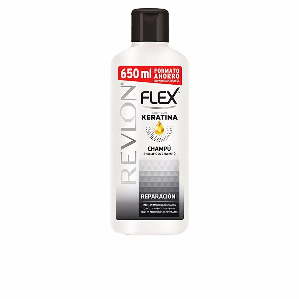 Bouteille de shampoing Revlon Flex Kératine 650ml, bouchon et étiquette noirs.