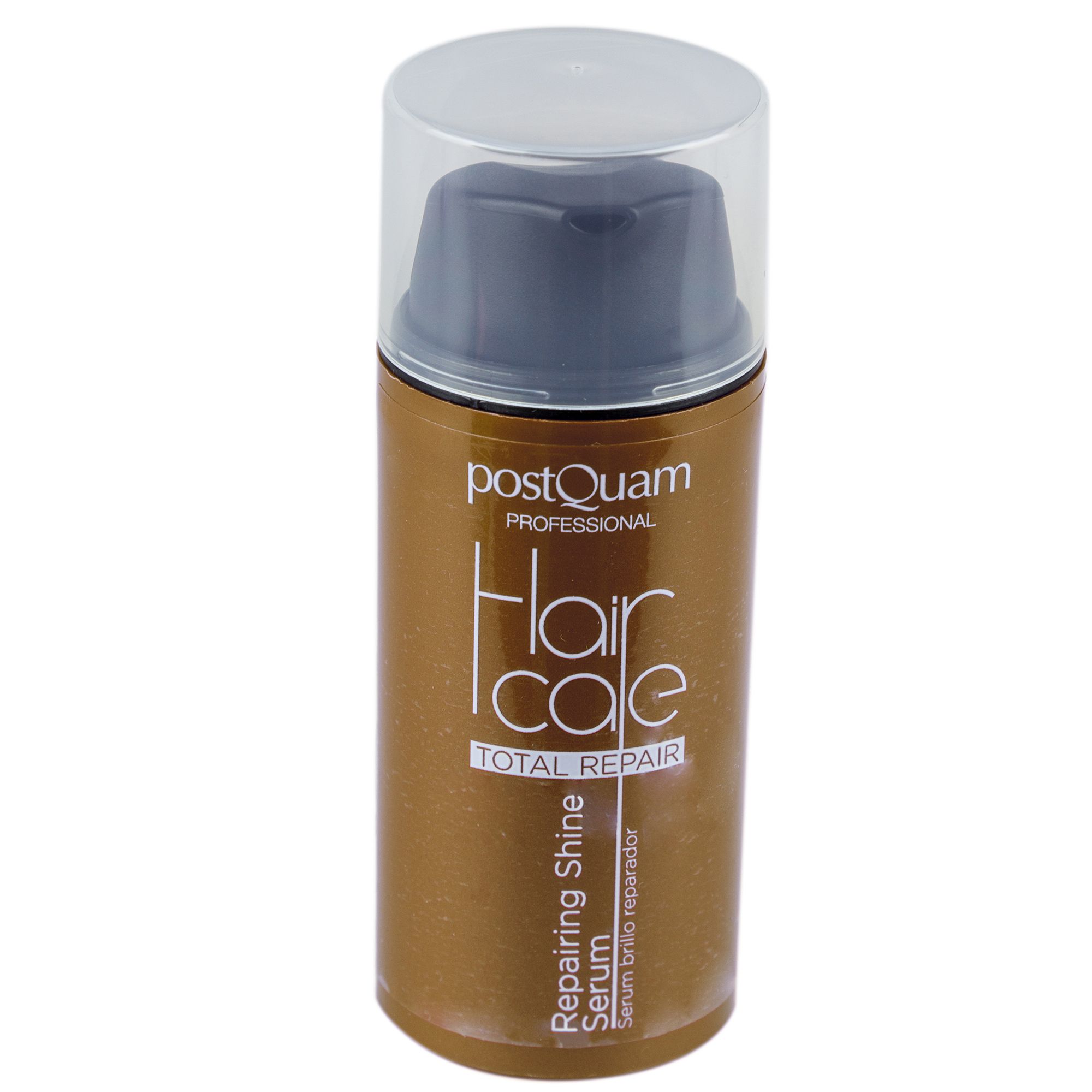 Haarserum. Opschrift: Hair Care Total Repair, Repairing Shine Serum. Merk: Postquam Professional. Fles met pomp.