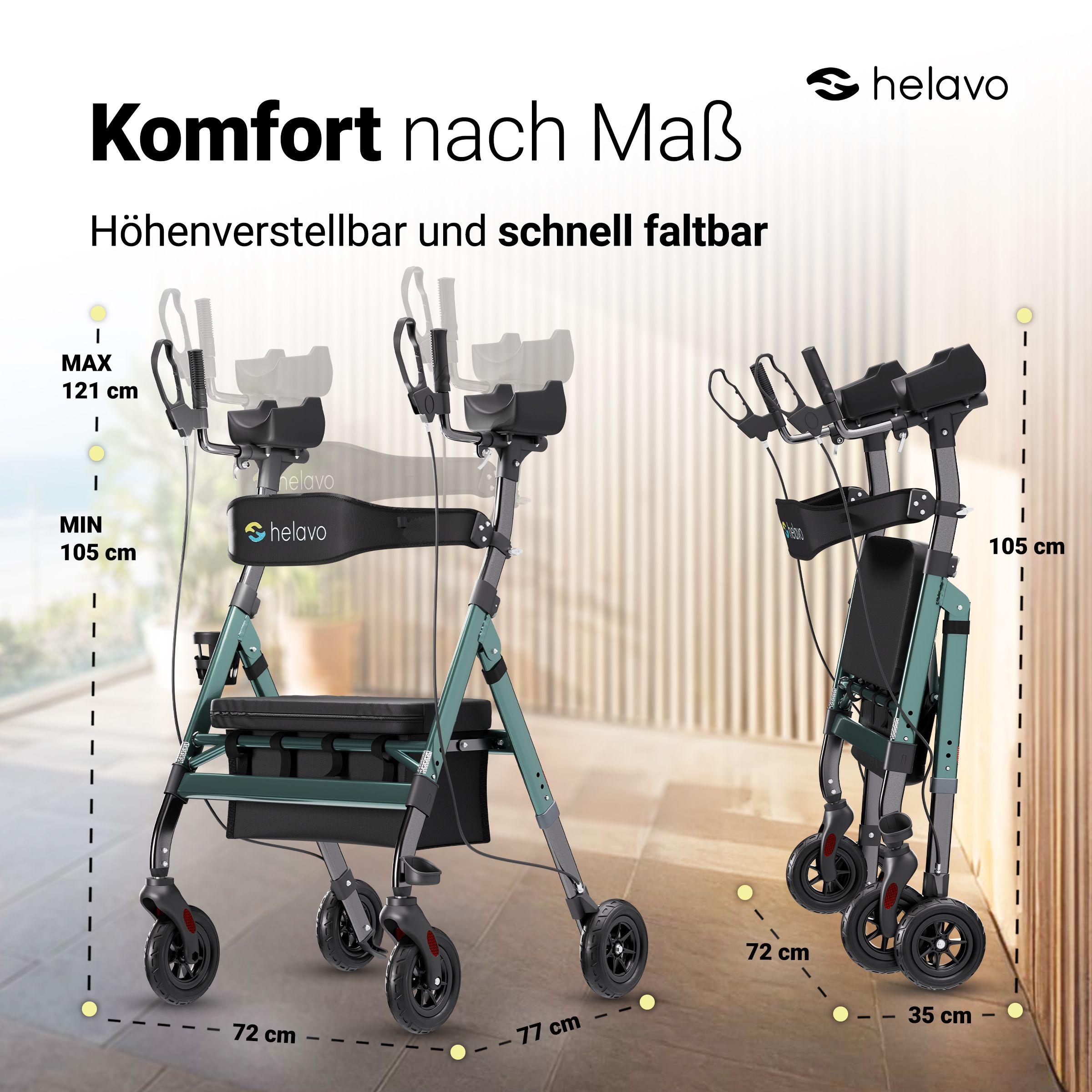 Rollator in open en gesloten positie, in hoogte verstelbaar.