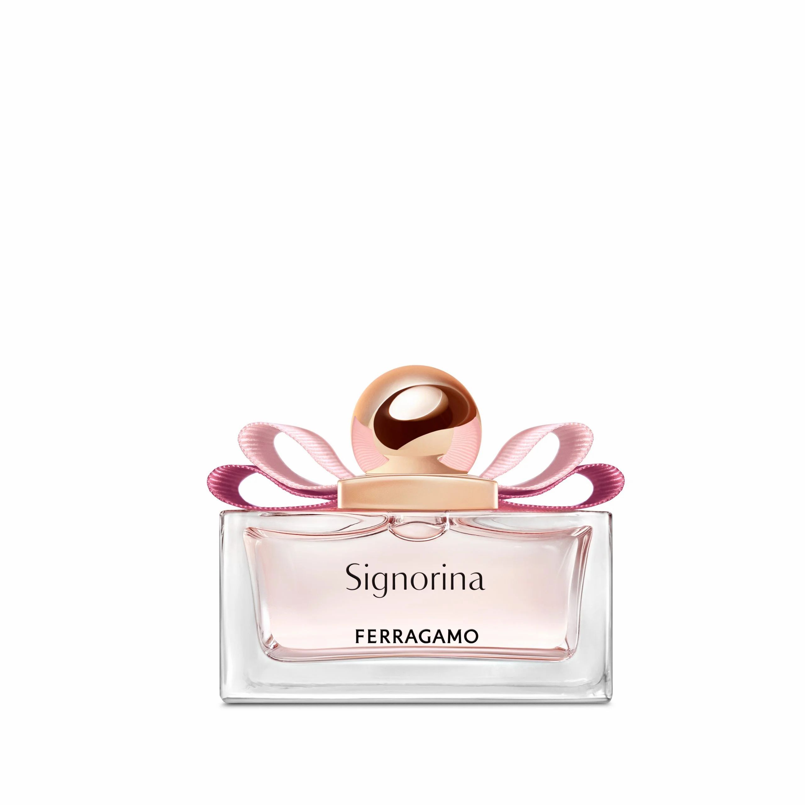 Flacon de parfum Signorina Ferragamo, carré, liquide rose, bouchon doré et nœud rose. Vue de face.