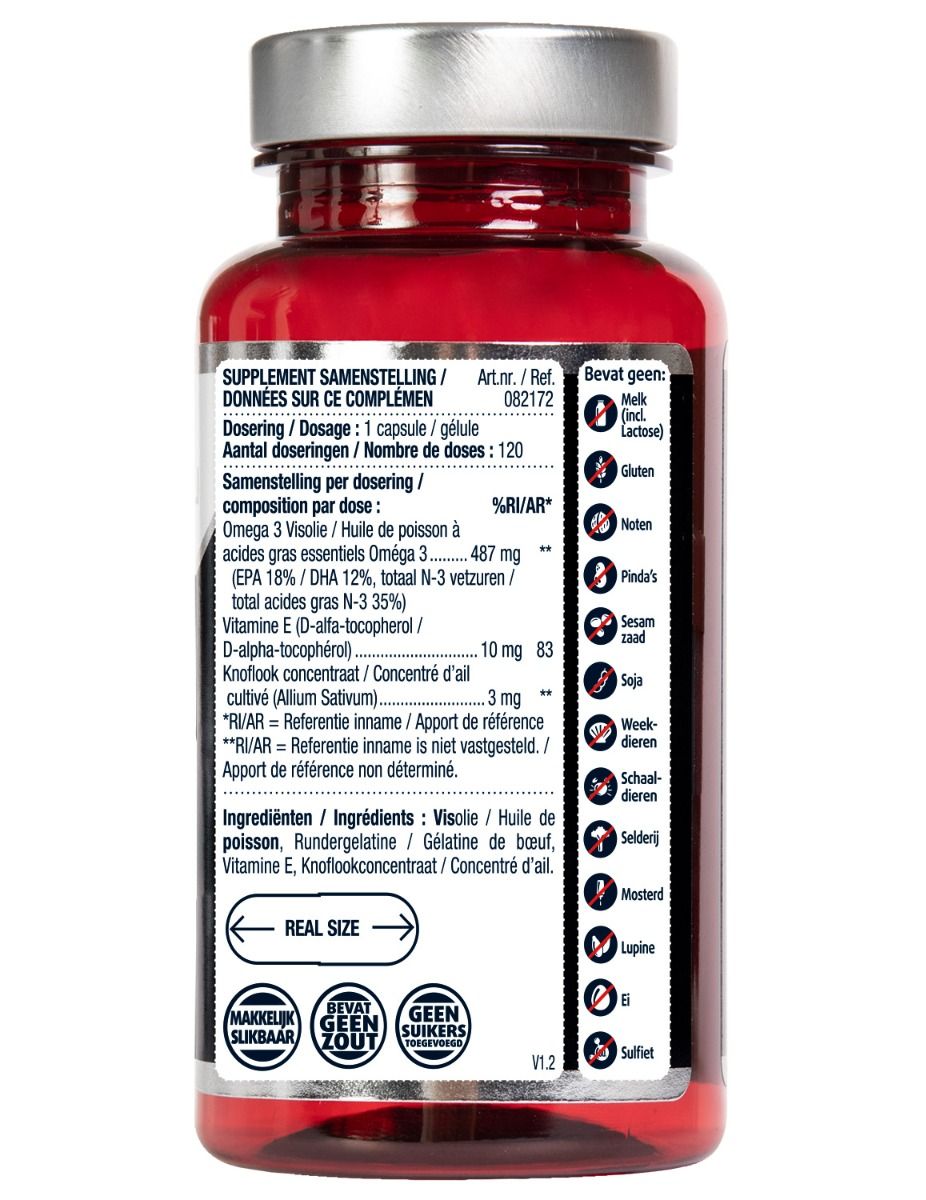 Achterkant rode fles. Tekst met ingrediënten, dosering en allergeneninformatie.