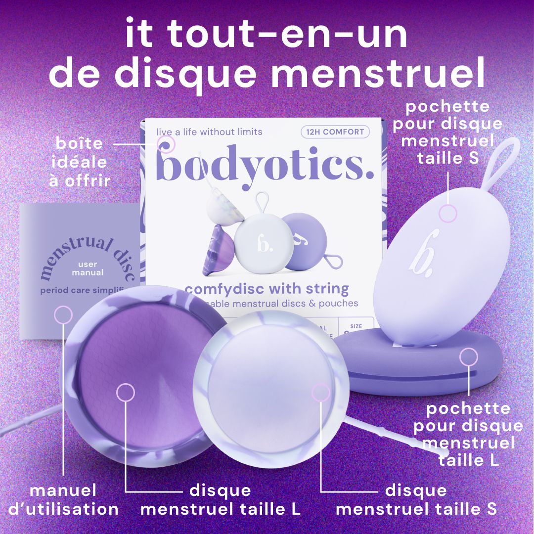 Disque menstruel violet (taille L) avec cordon.