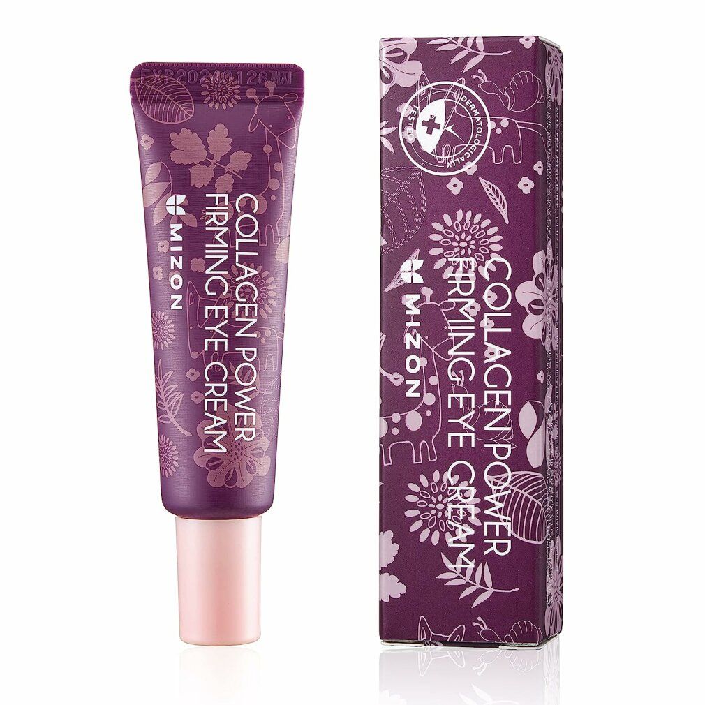 Paarse tube en doos met bloemmotief. Gedrukt: Collagen Power Firming Eye Cream. Merk MIZON.