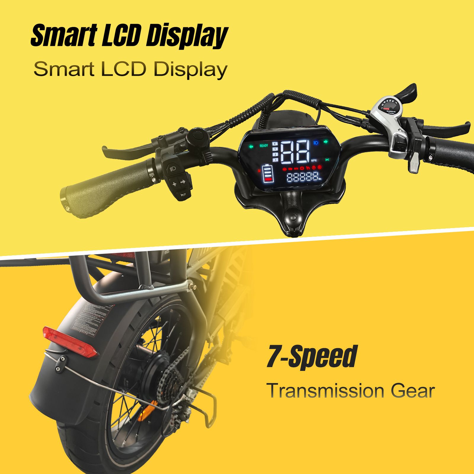 Stuurgedeelte van de elektrische cargofiets. Slimme LCD-display, 7-versnellingsbak, bedieningselementen.