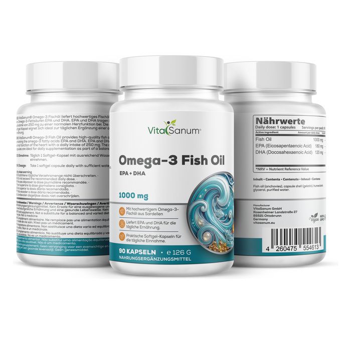 VitaSanum Omega-3 Visolie capsules, 1000 mg, 90 stuks, met voedingswaarde.