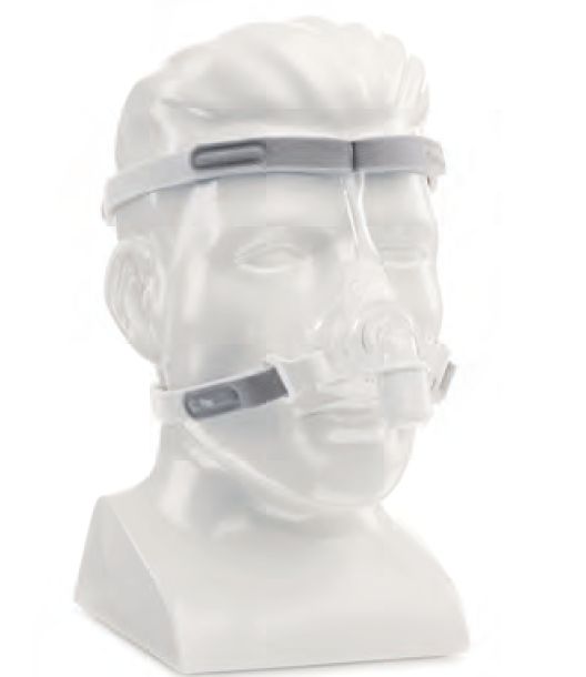 Masque Philips Pico avec bandeau et valve d'expiration sur un mannequin.