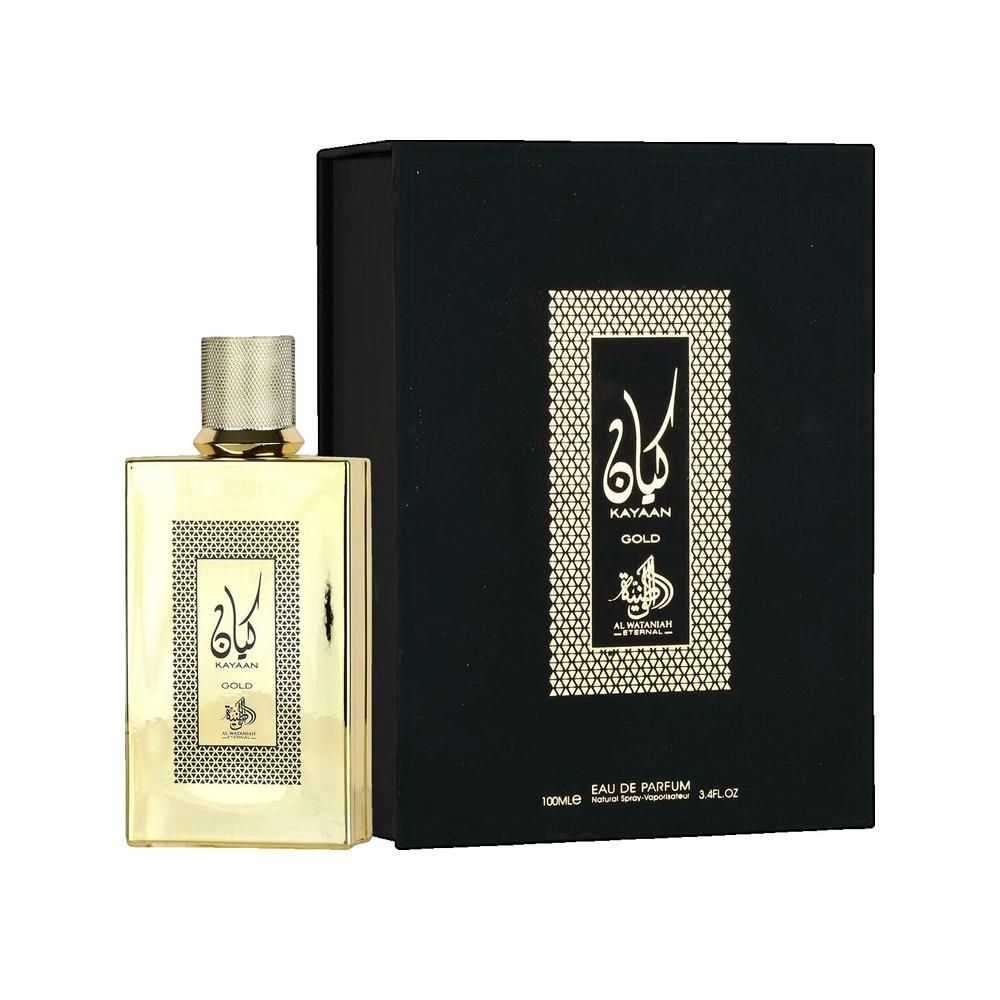 Flacon doré et emballage noir. Inscription en arabe et en anglais : Kayaan Gold. Eau de Parfum.