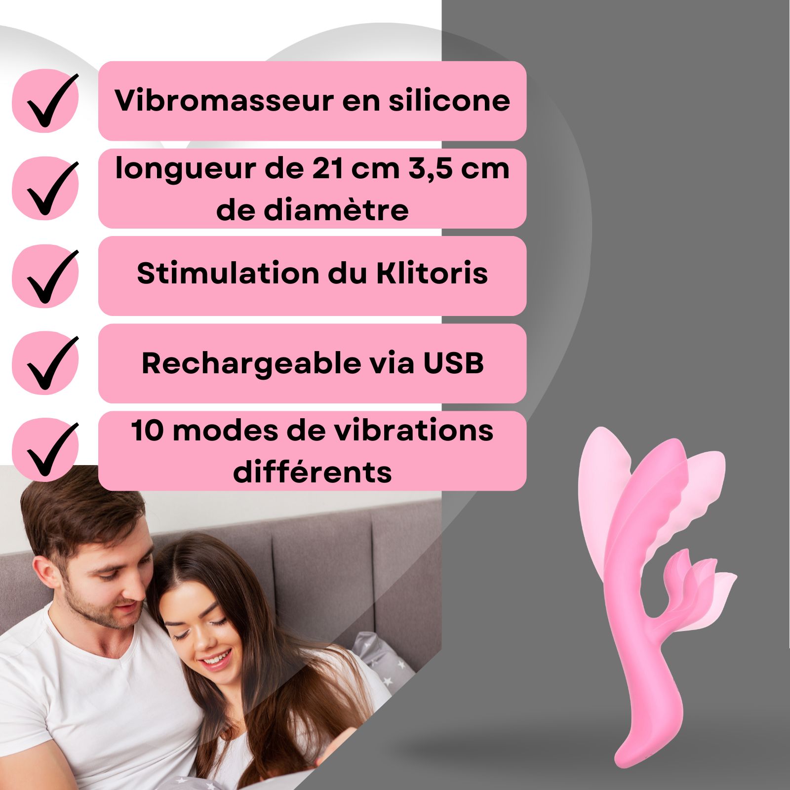 Vibrateur rose. Silicone et ABS. Couple en arrière-plan. Sur socle. Rechargeable USB. 10 modes.