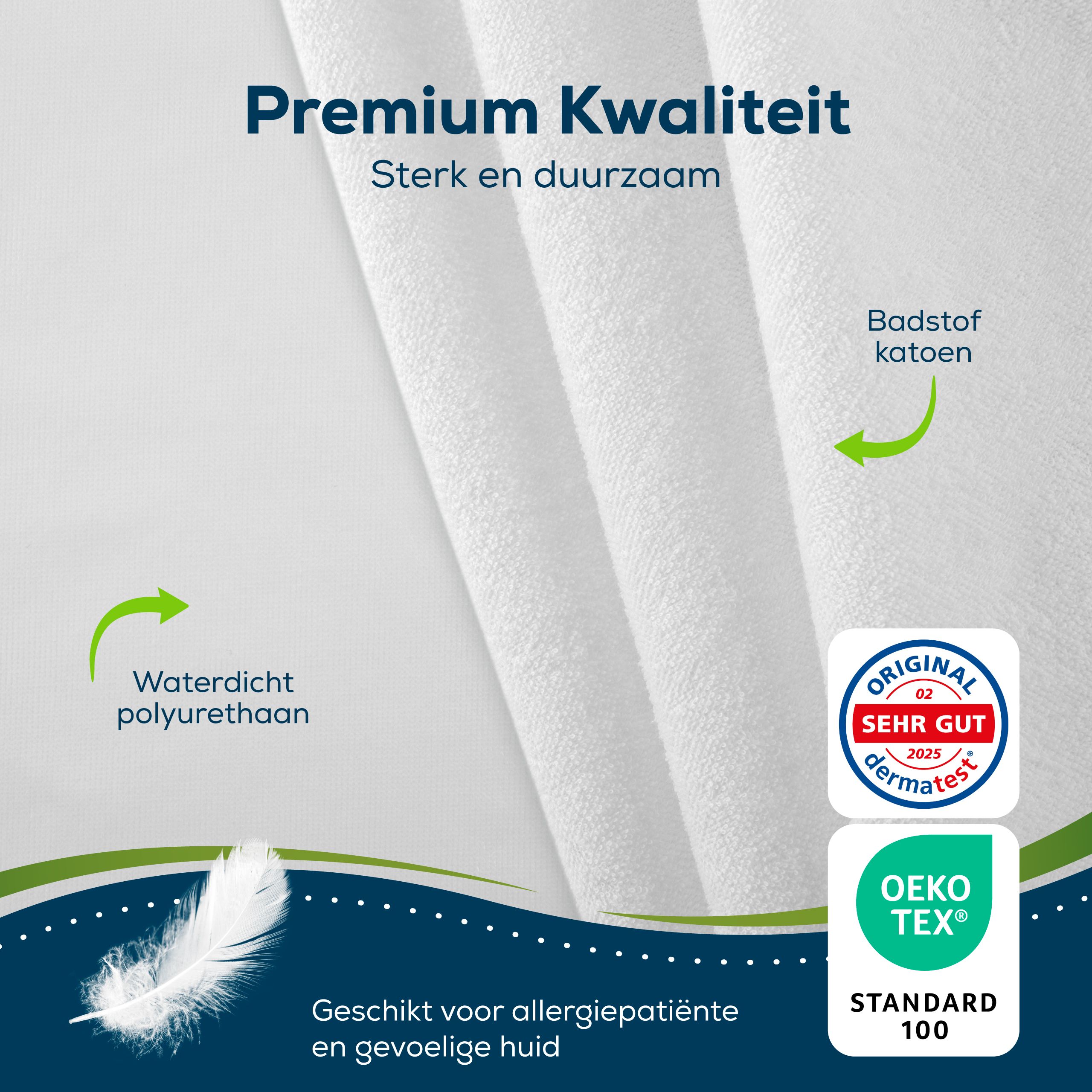 Close-up van witte stof. Tekst: Premium kwaliteit, sterk en duurzaam. Certificeringen: Oeko-Tex, Dermatest.