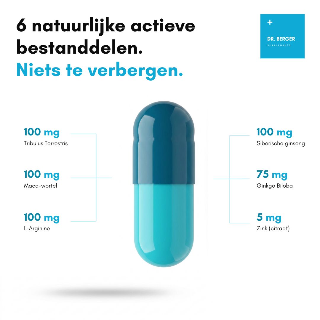 Een capsule met gescheiden ingrediënten: Tribulus Terrestris, Maca-wortel, L-Arginine, Siberische ginseng, Ginkgo Biloba, Zink.