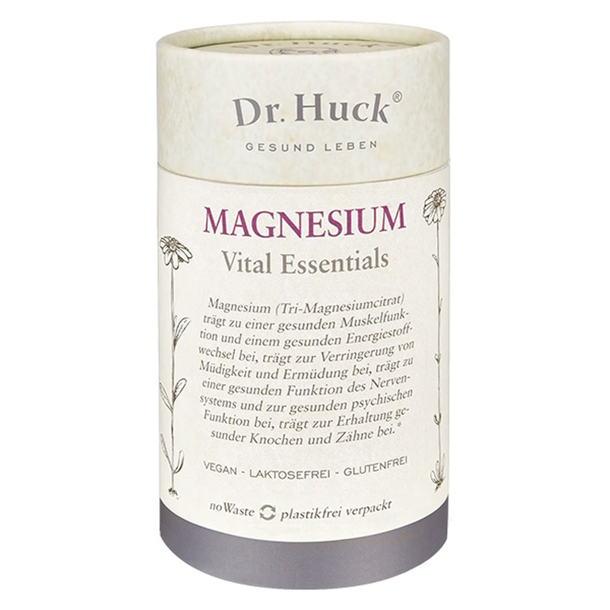 Cilindrische kartonnen doos met "Dr. Huck Magnesium". Opschrift: "Vital Essentials". Vegan, lactosevrij, glutenvrij.