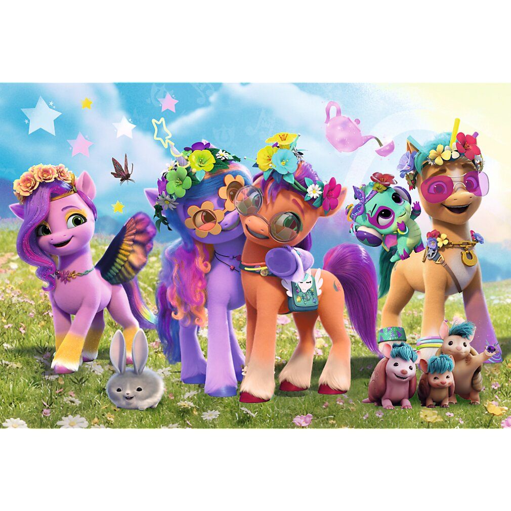 Puzzel met kleurrijke pony's en konijn op een weide. Sterren en bloemen op de achtergrond.